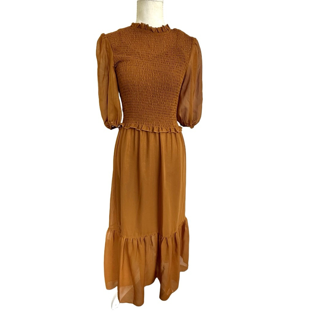 Nanette Lepore Smocked Mock Neck Puff Sleeve Midi Dress - Copper Brown - Size 2